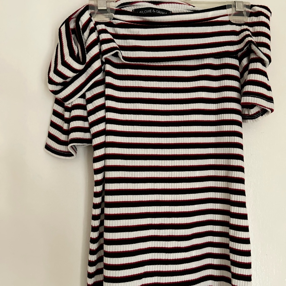 over the shoulder top 
Red black and white stripe